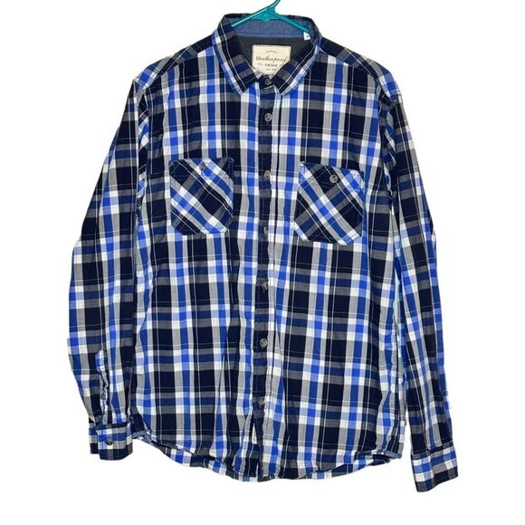 Weatherproof blue & black plaid 100% cotton casual button down shirt size m - Picture 1 of 8